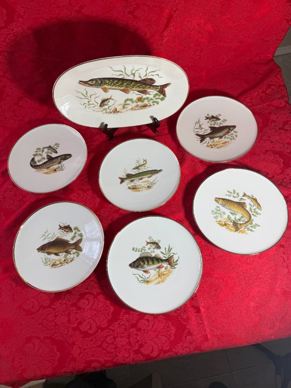 Vintage Mitterteich Bavaria W. Germany Porcelain Fish Platter + 6 Dinner Plates
